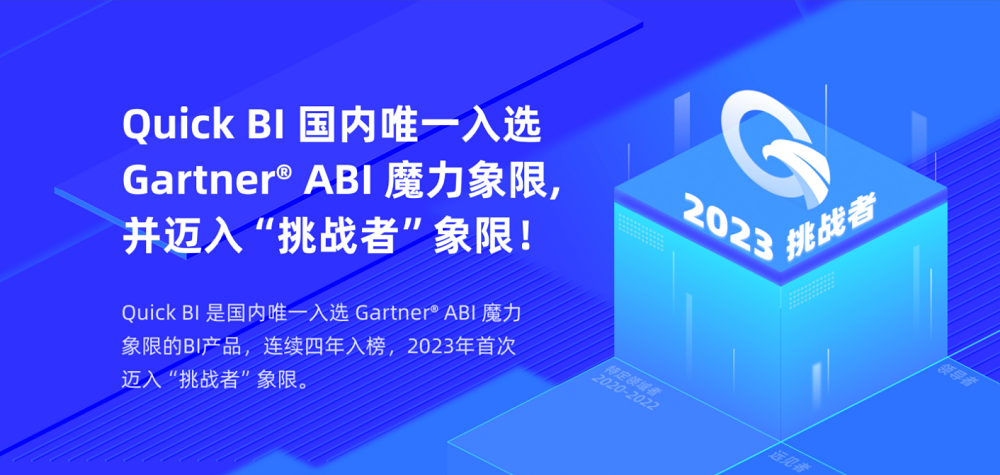 Quick BI連續4年且國內唯一入選Gartner ABI魔力象限，并成功躍升至挑戰者象限